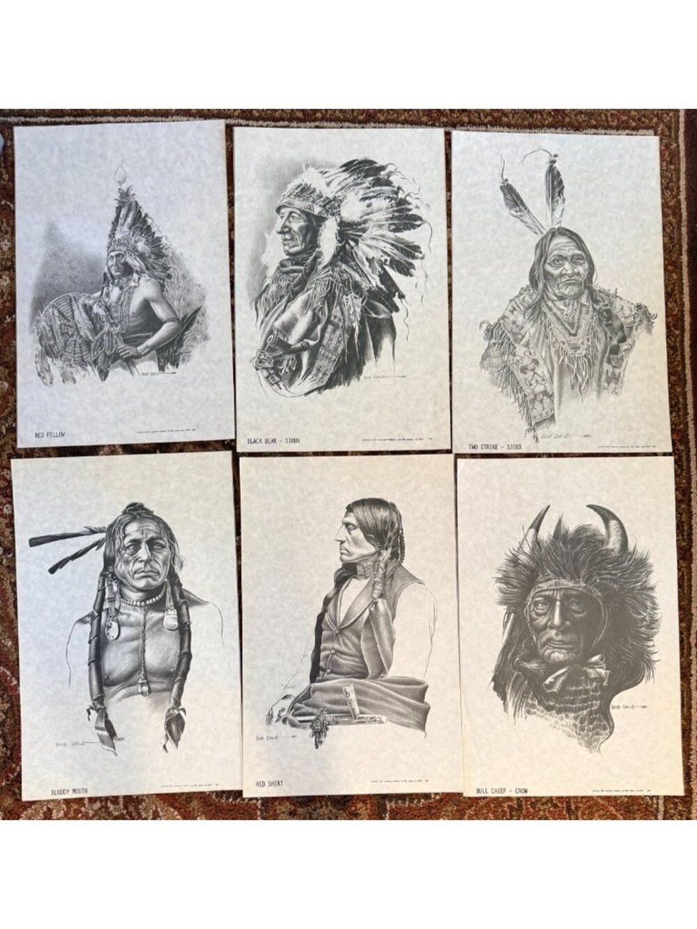 Vintage 6 Prints of Bob Dale's Drawings of Native Americans, unframed 11 x 17